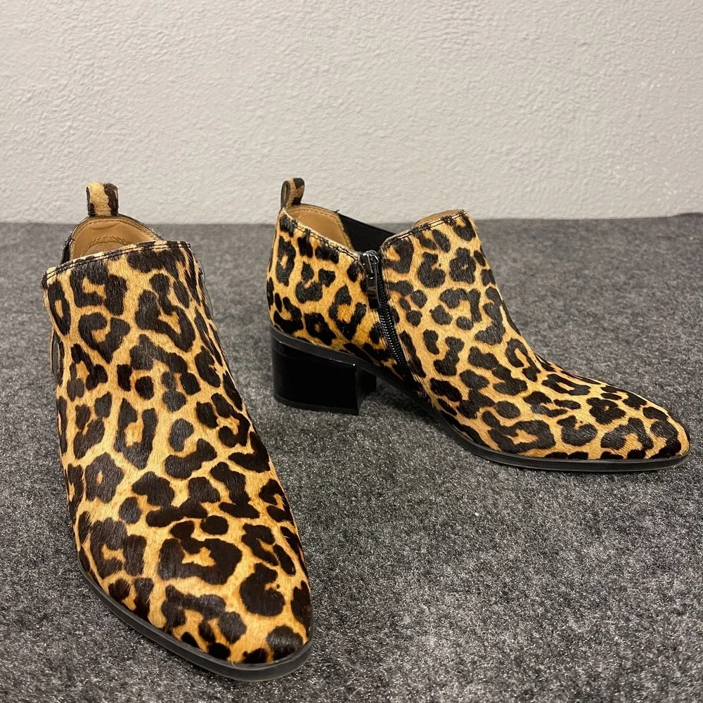 Franco Sarto Leopard Booties Womens Size 8 Calf Hair Ankle Zip Heel Pointed